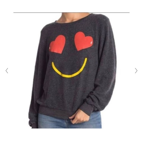 WILDFOX Essential Smiling Hearts Emoji Pullover Grey Sweatshirt - Picture 3 of 5